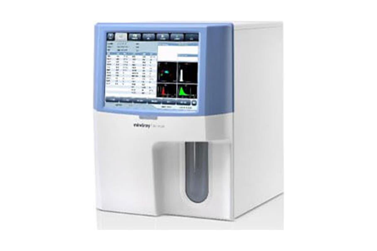 A Mindray BC-5120 haematology analyser with its touch screen showing a results table