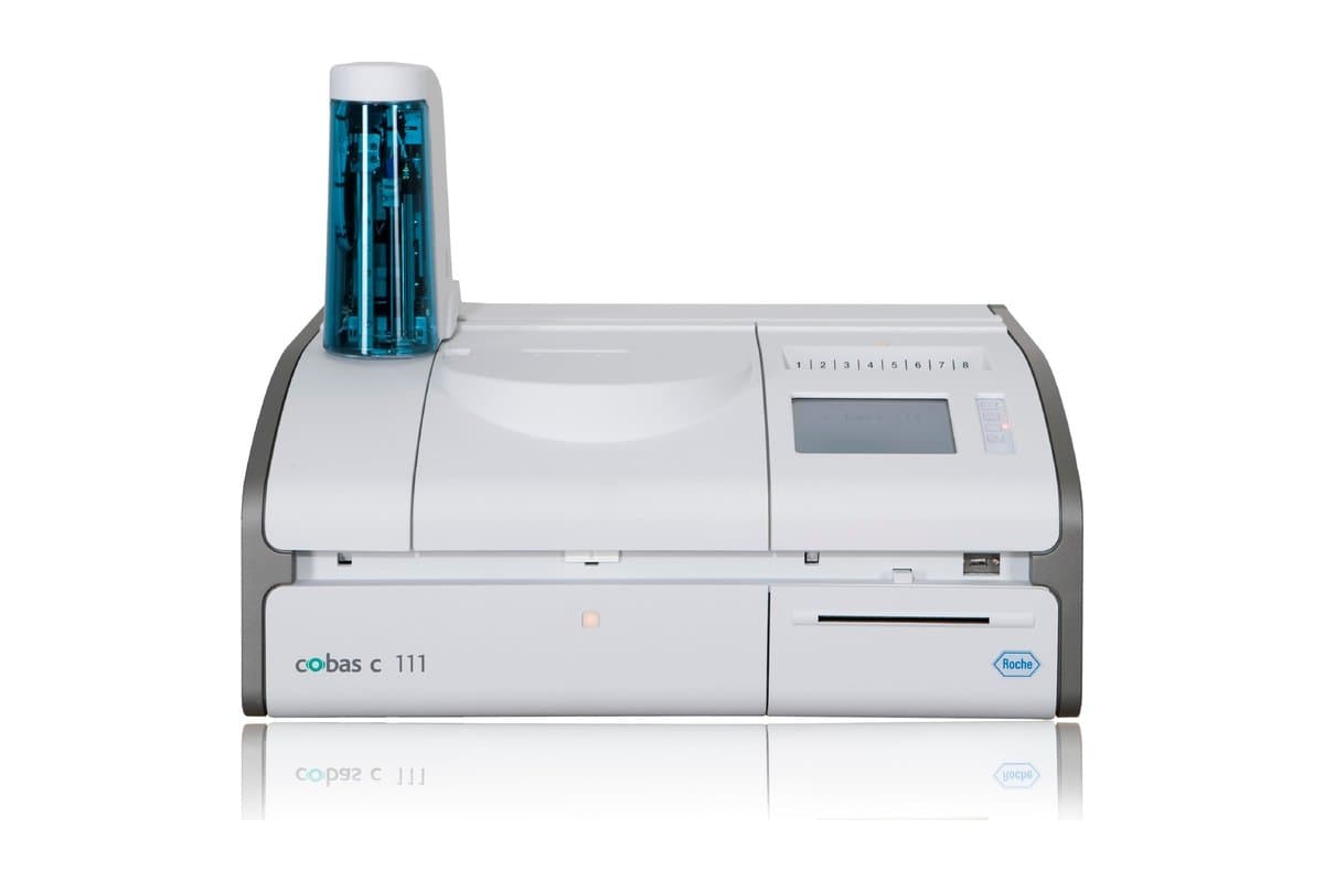 A Roche cobas c 111 clinical chemistry analyser, front view