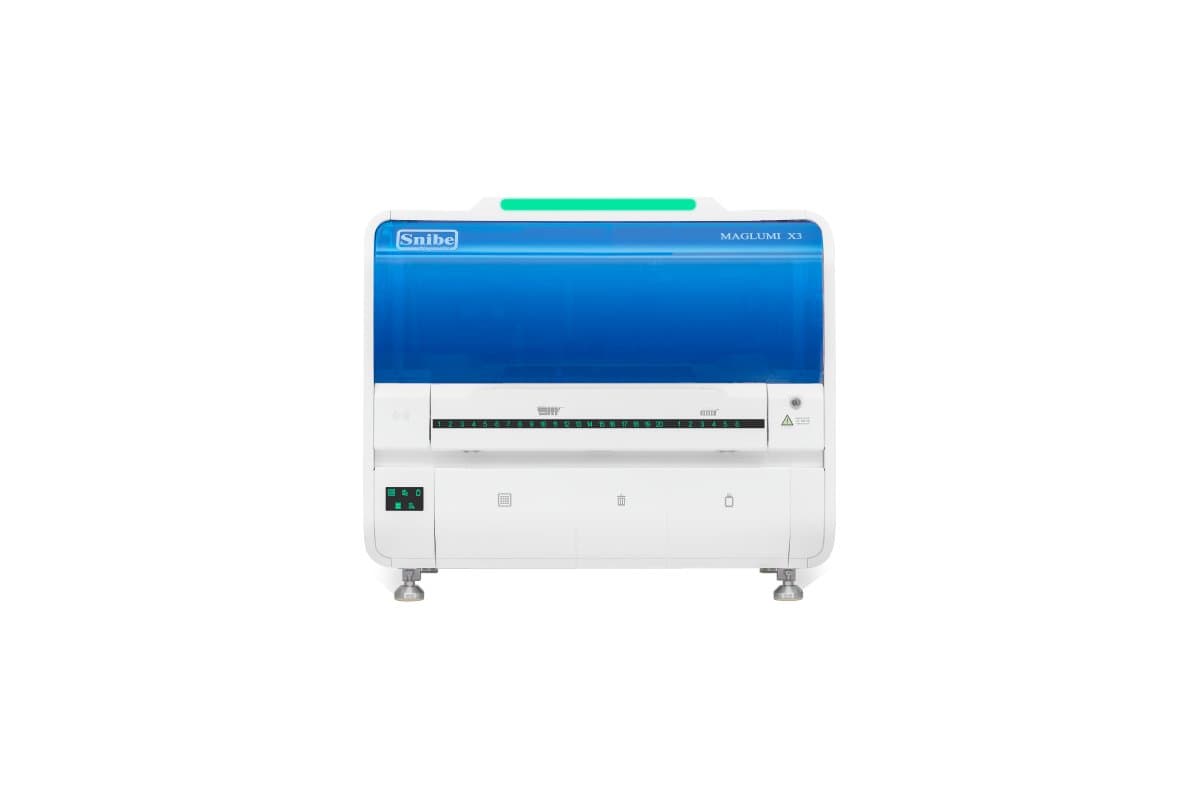 A Snibe MAGLUMI X3 immunoassay analyser with its blue cover, front view