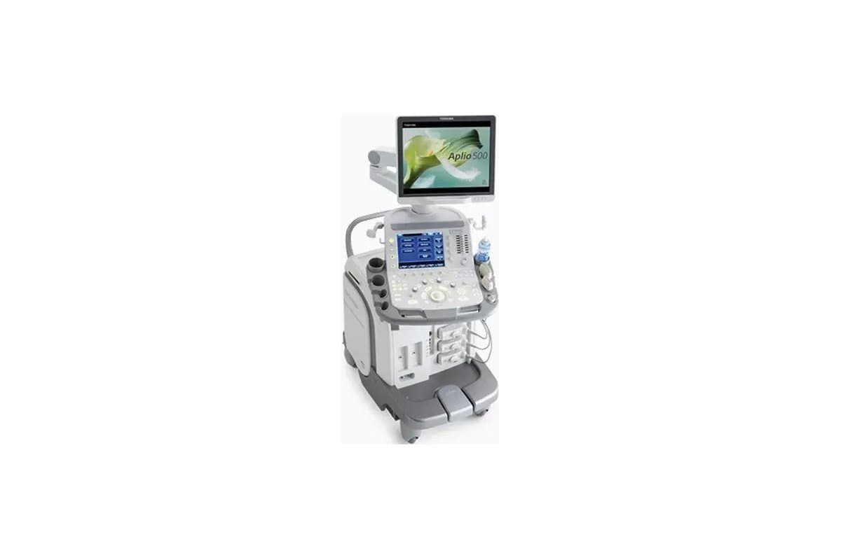 A Toshiba Aplio 500 ultrasound system on its cart, with monitor and control panel